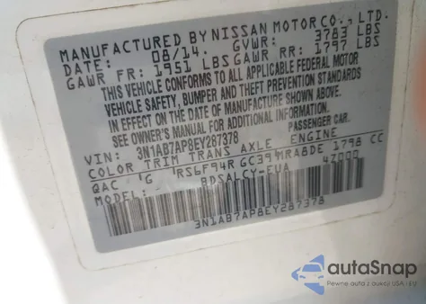 2014 Nissan Sentra Fe+ S/Fe+ Sv/S/Sl/Sr/Sv z USA, uszkodzony, nr VIN 3N1AB7AP8EY287378